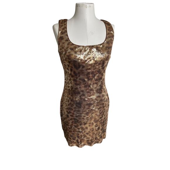 Cache Women's 8 Metallic Gold Sequin Cheetah Leopard Open Back Mini Sheath Dress - Picture 2 of 9
